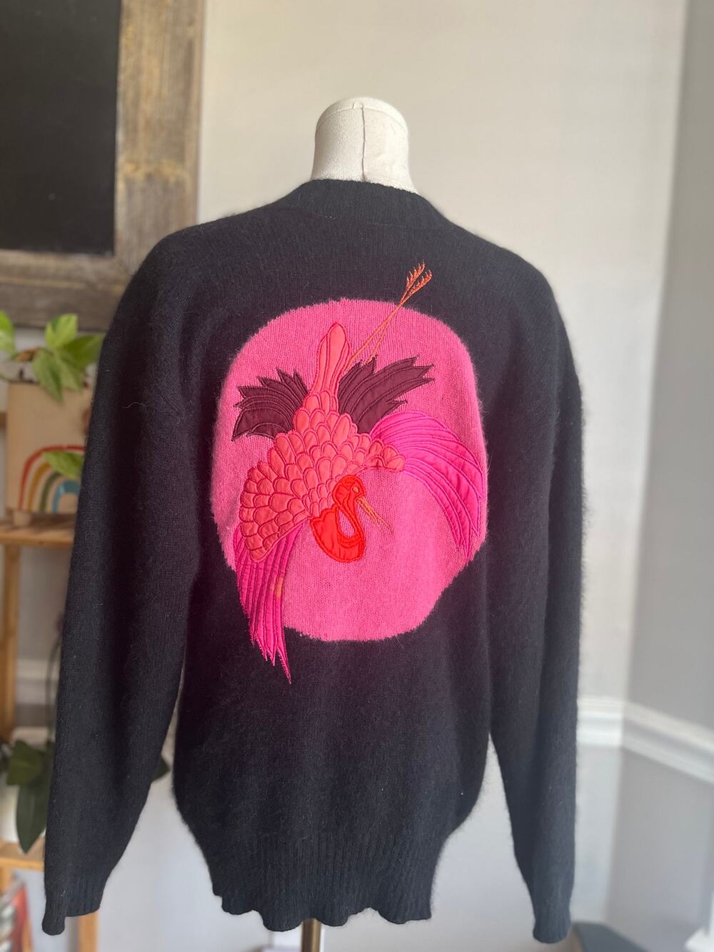 Vintage 80s Crane Cardigan Sweater Black V-Neck Embroidered Bird Size Medium